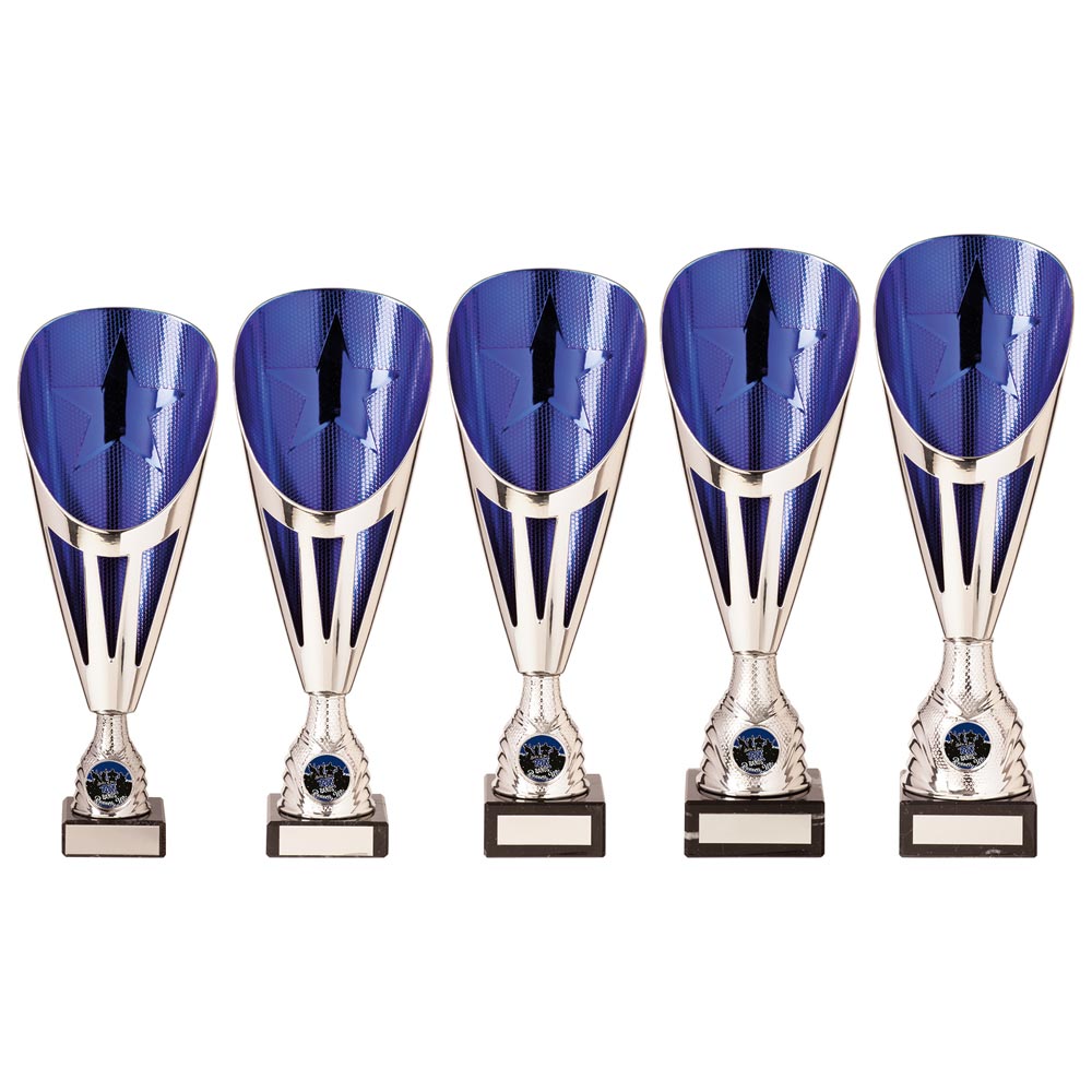 Rising Stars Deluxe Plastic Lazer Cup Silver & Blue - Trophies - Prudhoe Rosettes