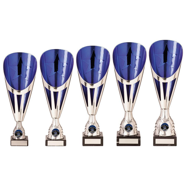 Rising Stars Deluxe Plastic Lazer Cup Silver & Blue - Trophies - Prudhoe Rosettes