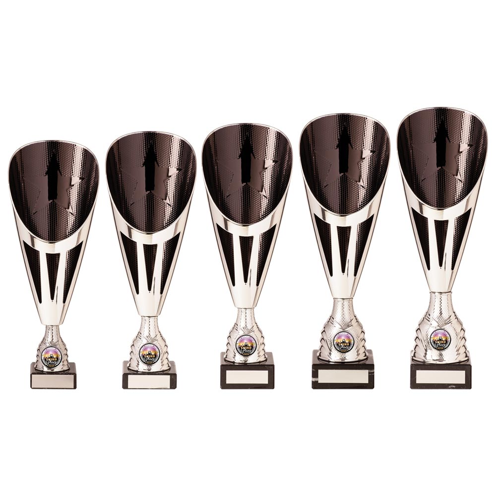 Rising Stars Deluxe Plastic Lazer Cup Silver & Black - Trophies - Prudhoe Rosettes