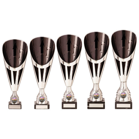 Rising Stars Deluxe Plastic Lazer Cup Silver & Black - Trophies - Prudhoe Rosettes