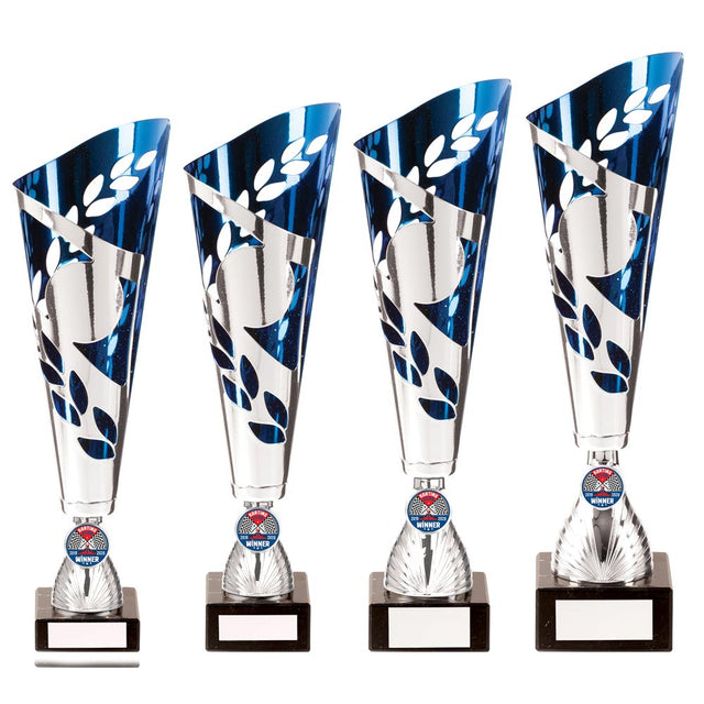 Zeus Lazer Cut Metal Cup Silver & Blue - Trophies - Prudhoe Rosettes
