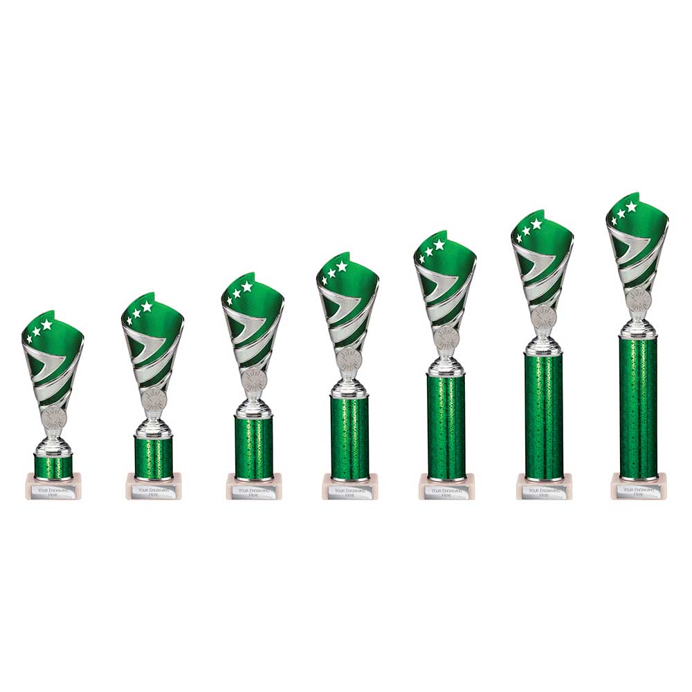 Hurricane Multisport Plastic Tube Cup Silver & Green - Trophies - Prudhoe Rosettes