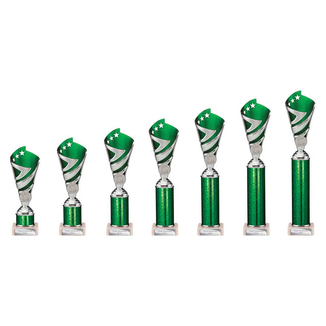 Hurricane Multisport Plastic Tube Cup Silver & Green - Trophies - Prudhoe Rosettes