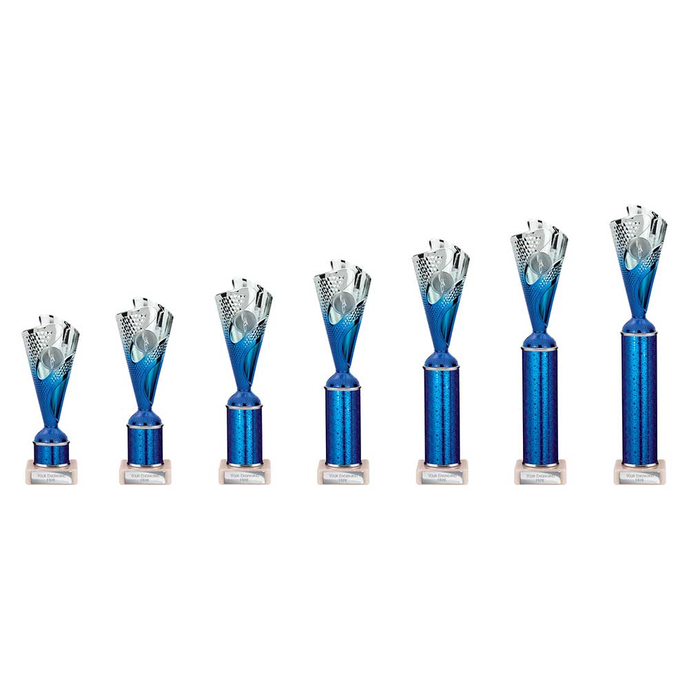 Rodeo Multisport Tube Trophy Silver & Blue - Trophies - Prudhoe Rosettes