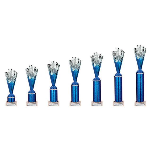 Rodeo Multisport Tube Trophy Silver & Blue - Trophies - Prudhoe Rosettes