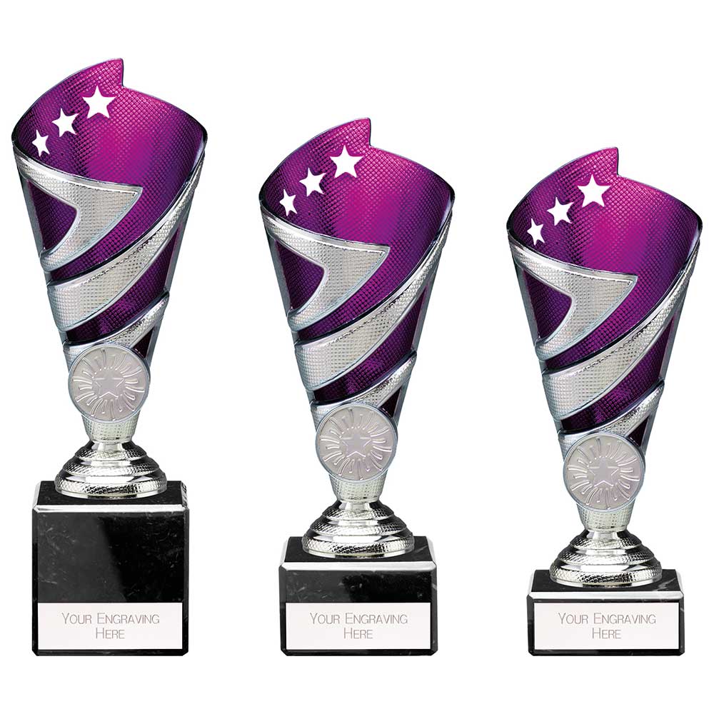Hurricane Multisport Plastic Cup Silver & Purple - Trophies - Prudhoe Rosettes