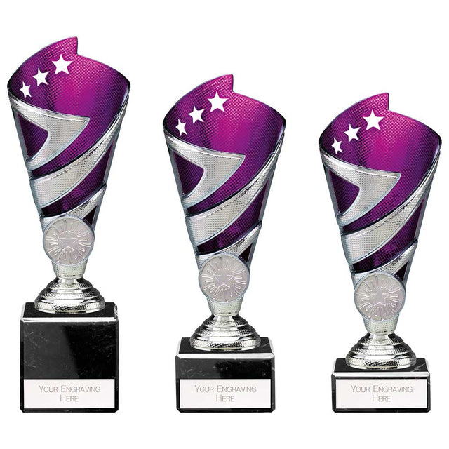 Hurricane Multisport Plastic Cup Silver & Purple - Trophies - Prudhoe Rosettes