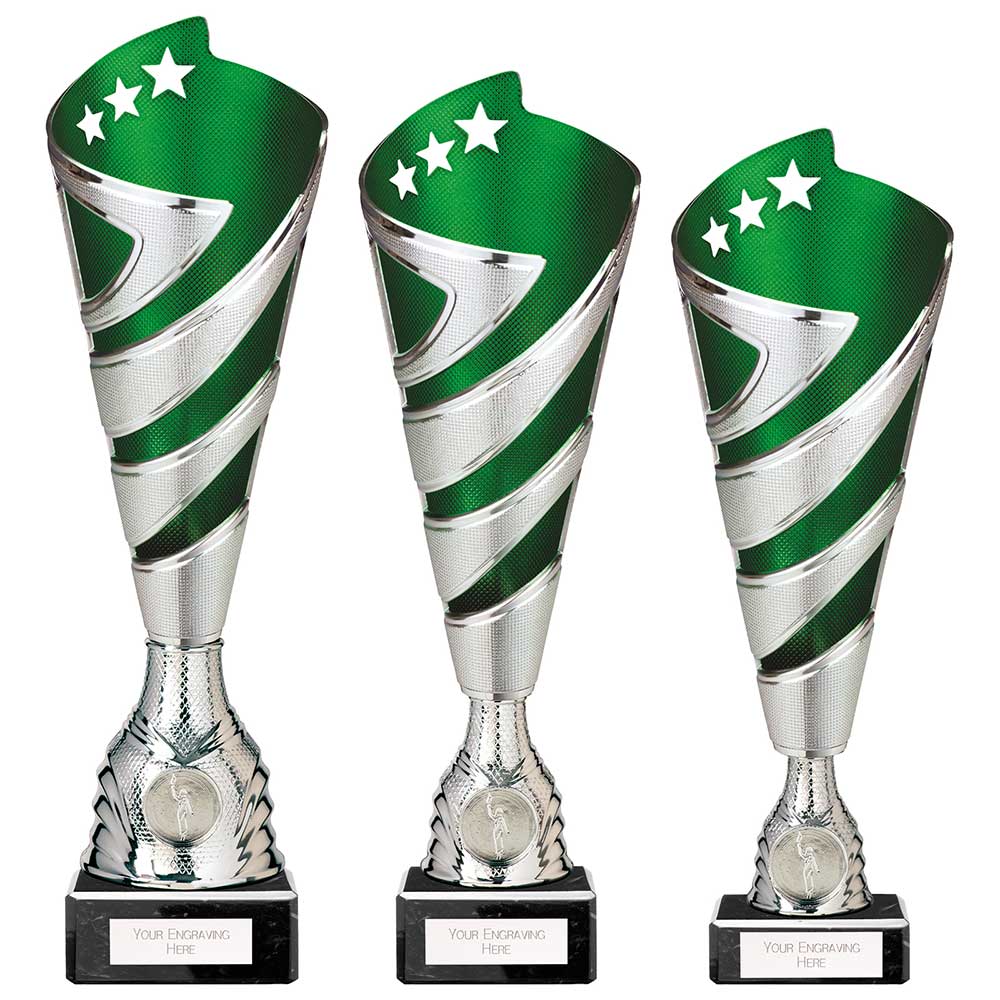 Hurricane Altitude Plastic Cup Silver & Green - Trophies - Prudhoe Rosettes