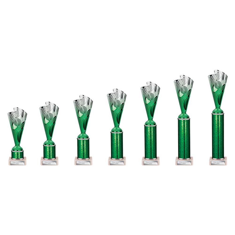 Rodeo Multisport Tube Trophy Silver & Green - Trophies - Prudhoe Rosettes